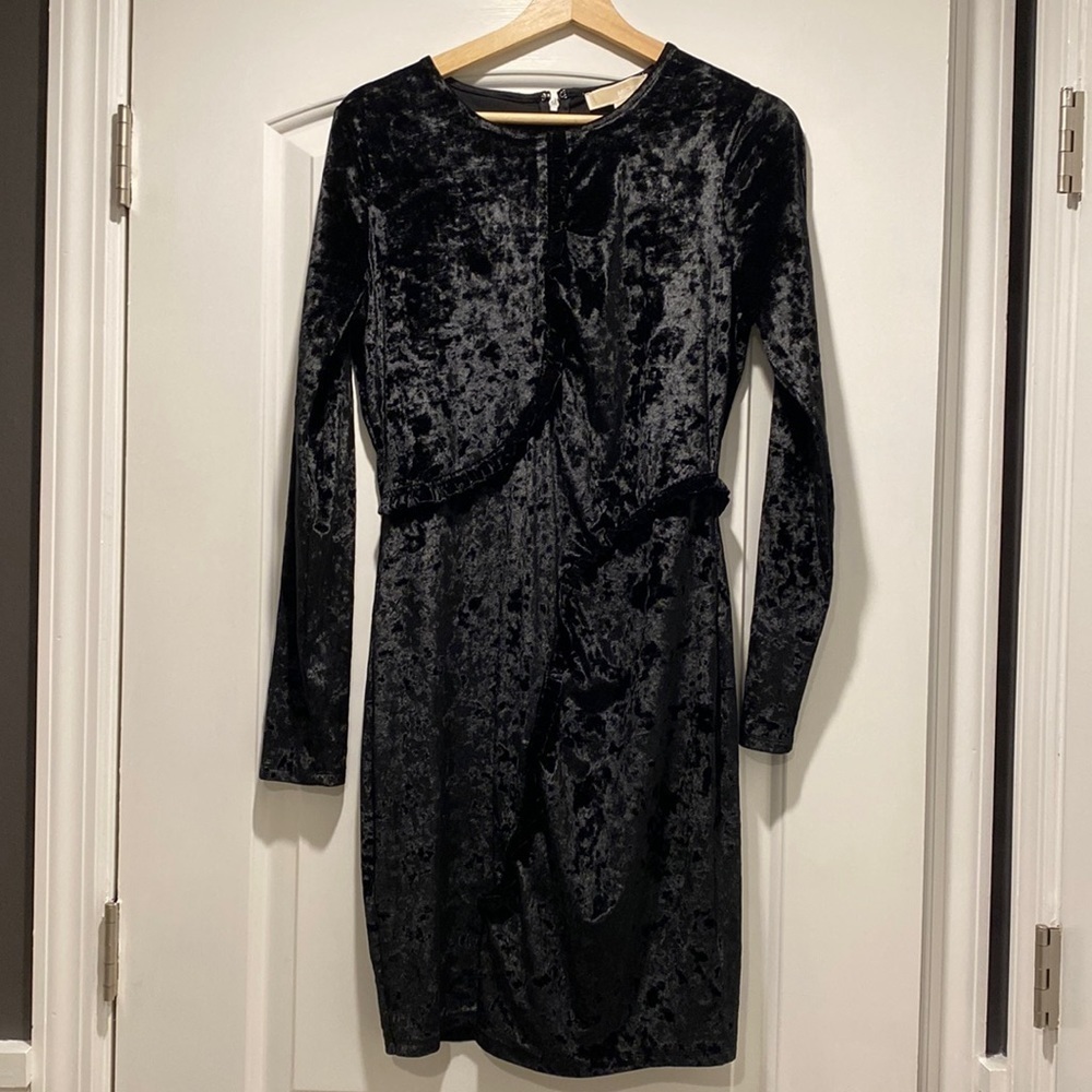 Michael Kors Women's Black Ruffled Unlined Crew Velvet Sheath Dress